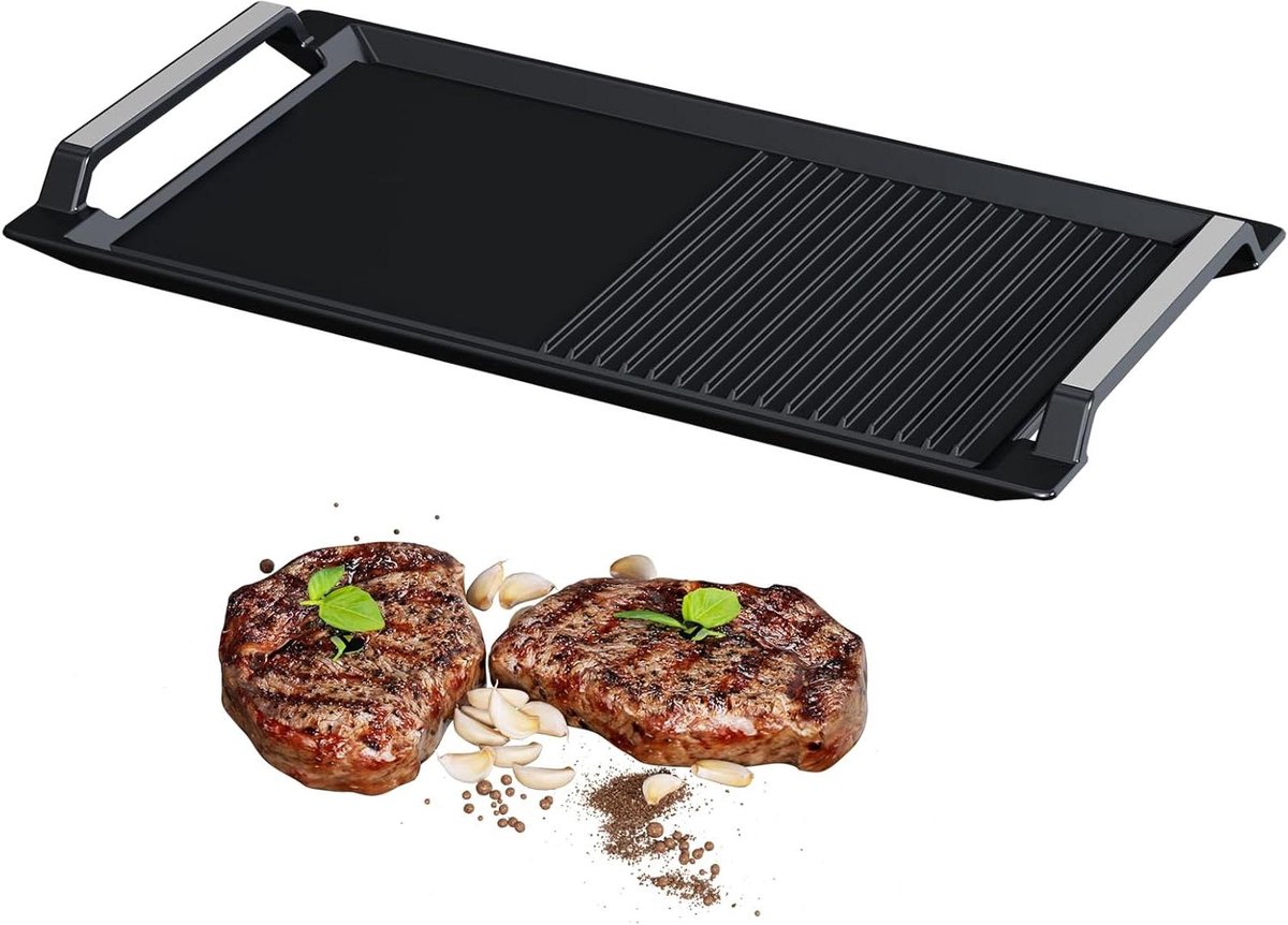 Gietijzeren grillplaat - Bakplaat grill - Koken en grillen - Half glad half geribbeld - 43 x 23 cm - Rood