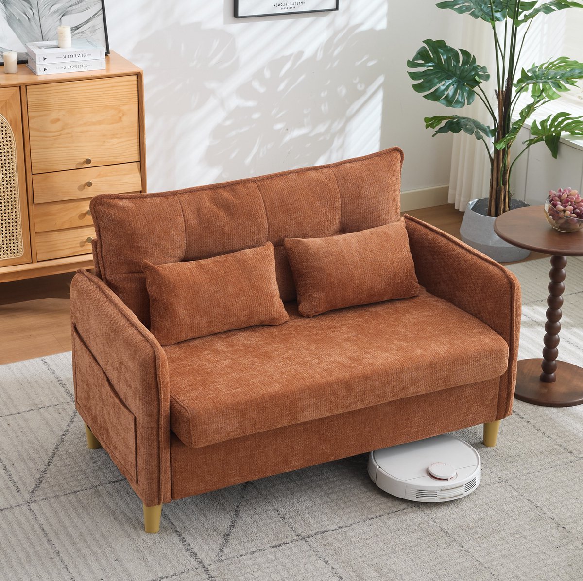 OKWISH Zitbank 127 Cm - 2-Zits Bank Met Armleuningen En Opbergvakken - Voor Woonkamer of Studeerkamer - Chenille - Bruin