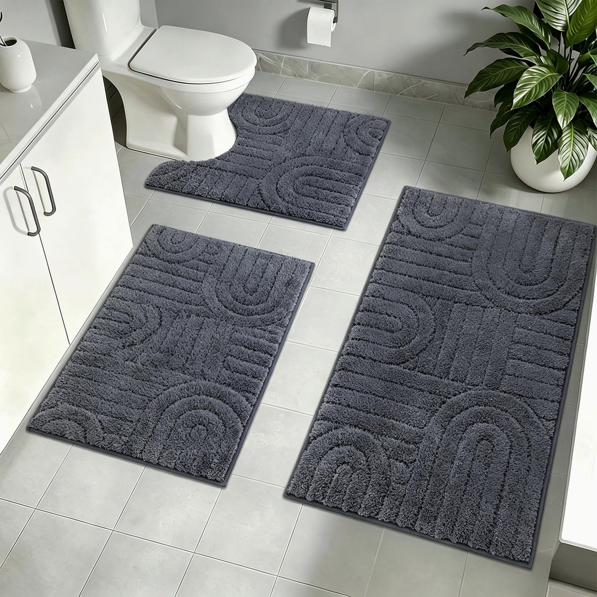 SnelShoppen - 3-delige set microvezel badmatten antislip wasbaar zacht badkamertapijt donkergrijs voor badkamer, toilet, douche en wellness