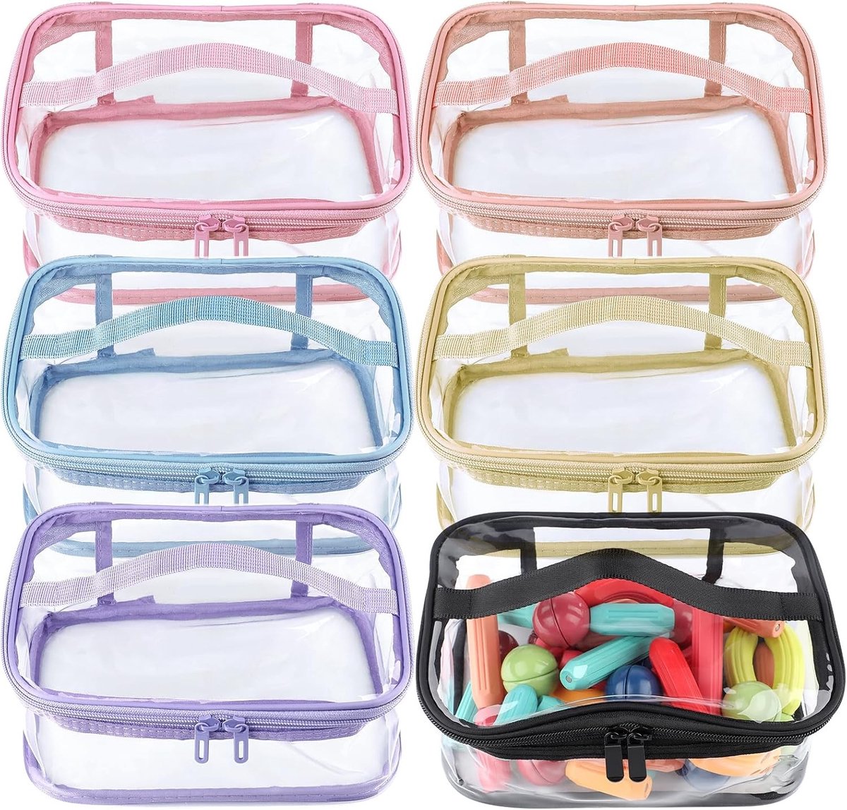 6 Stuks Kleine PVC Opbergzakken voor Speelgoed en Make-up - Waterdichte Transparante Reisopbergzak met Handvat en Rits voor Blokken en Accessoires (6 Kleuren)