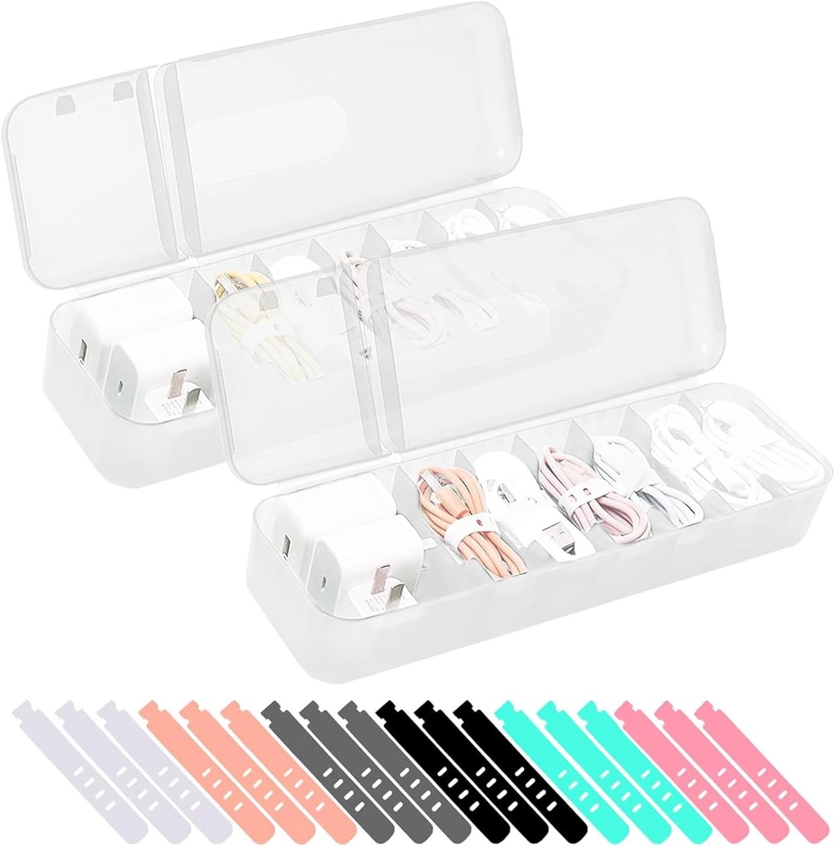 SnelShoppen - Kabelopbergdoos, 2 stuks Kabelorganizerbox, Oplaadkabel Organizer, Kabelmanagementbox met 7 Vakken en 18 Kabelbinders, Opbergdoos voor B