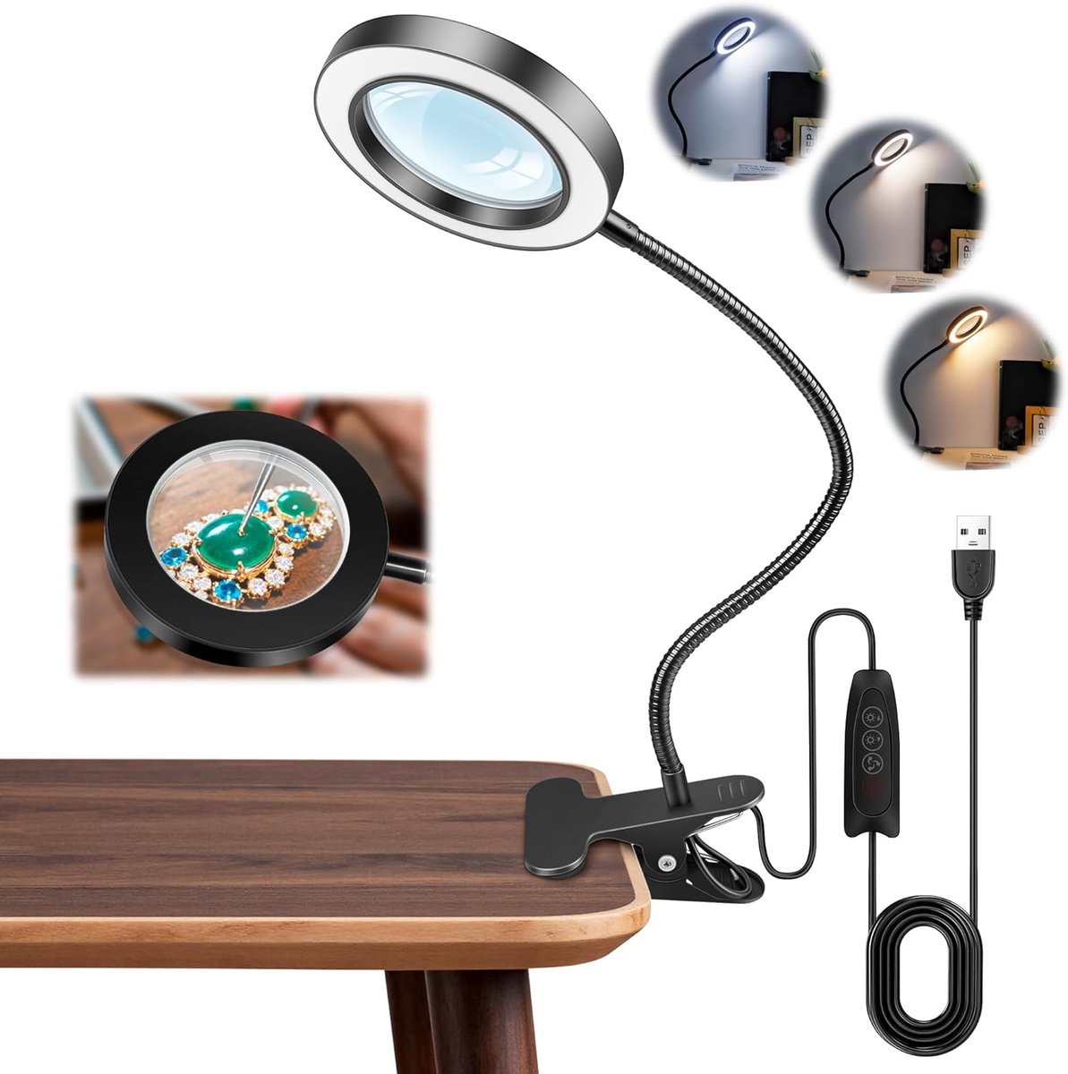 SnelShoppen - 10x Vergroter met Licht, LED Flexibele Cliplamp voor Naaien, Ambachtelijk Werk, Reparatie & Modellering - USB-kabel >150cm, 3 Kleuren, 1
