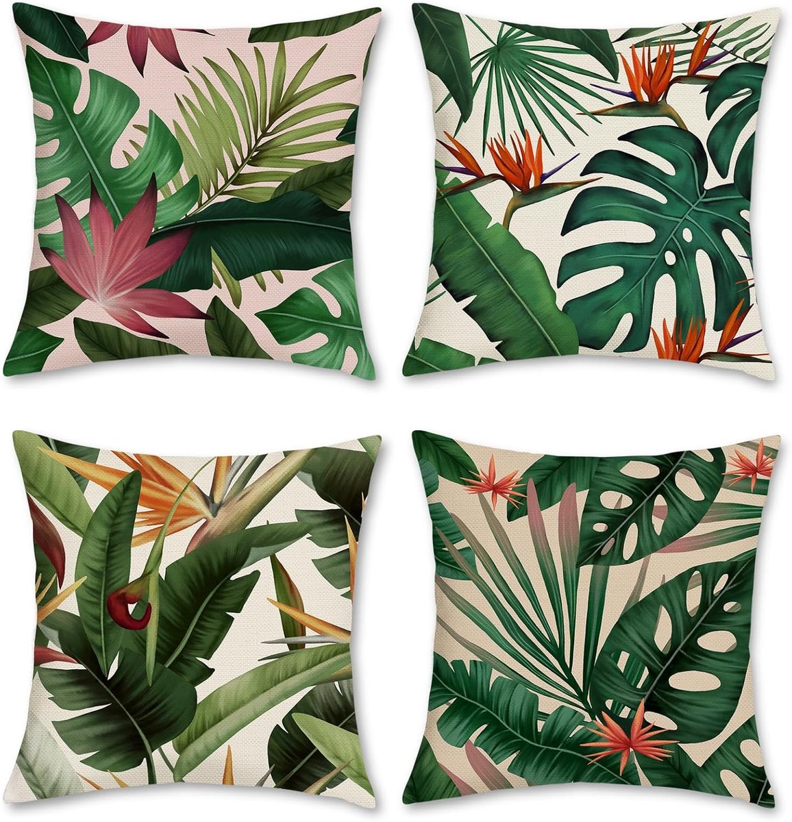SnelShoppen - Set van 4 Decoratieve Kussenslopen 45x45 cm met Tropische Bladeren in Groen, Polyester en Linnen, Sierkussenovertrekken voor Tuin, Outdo
