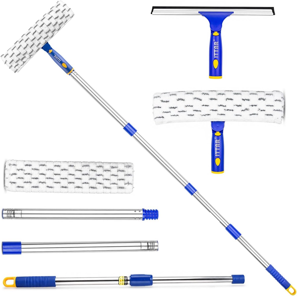 SnelShoppen - Raamreiniger Rakel met Draaibare Schrobber, Uitschuifbare Roestvrijstalen Paal, 2 Microvezelpads, Ideaal voor Doucheglasdeur, Autoruit,