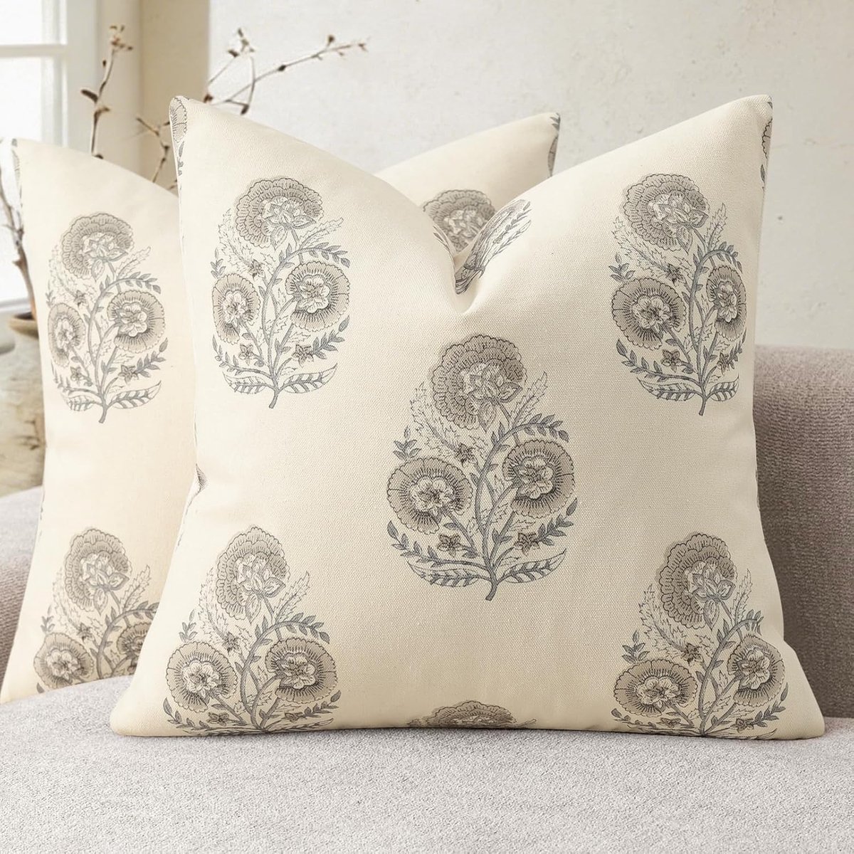 Kussenhoezen 50x50 Set van 2 - Vintage Bloemendruk - Licht Taupe - Modern Design voor Woonkamer - ShopVlot