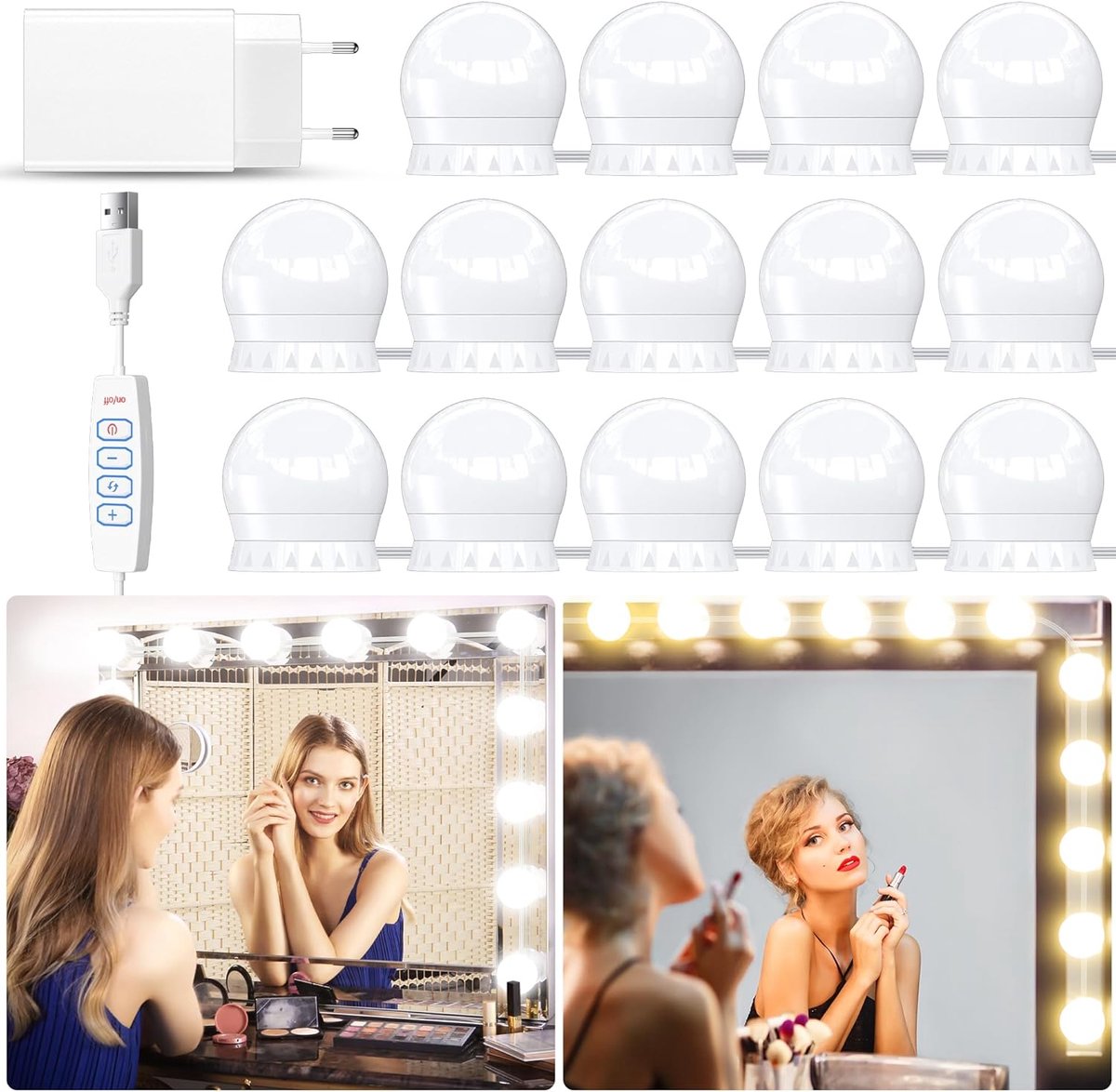 SnelShoppen - 14 Dimbare LED-Spiegellampen met Adapter - 3 Kleuren - Make-Uplamp voor Cosmeticaspiegel en Badkamerspiegel - Ideale Verlichting voor Ma