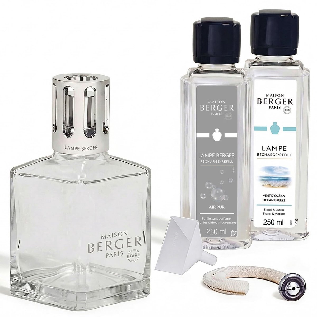 SnelShoppen - Lamp Berger Essentielle Carrée - 1 geurige luchtzuiveraar + 1 Air Pur navulling 250 ml + 1 Vent d'Océan navulling 250 ml - Fijne, homoge