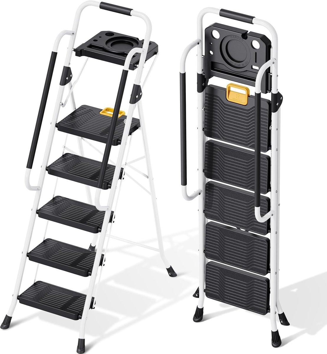 SnelShoppen - Opvouwbare Trapladder 5-staps met 150kg Capaciteit, Huishoudladder met Veilige Vergrendeling, Gereedschapsbak, Antislip Pedalen, Leuning