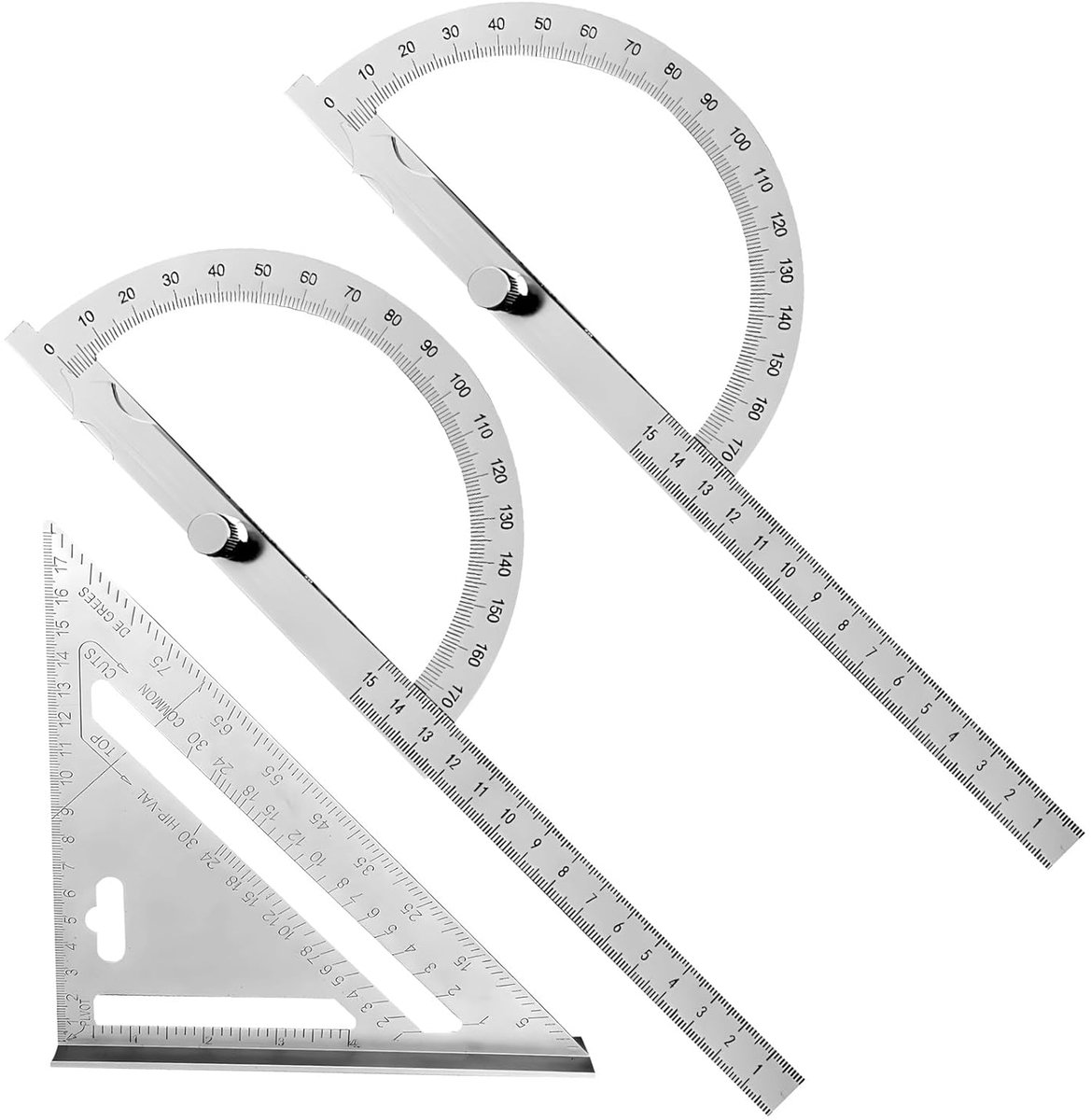 SnelShoppen - 3-delige gradenboogset roestvrij staal 0-180° gradenmeter verstelbaar met 2 gradenmessen en aluminium geodriehoek voor school houtbewerk