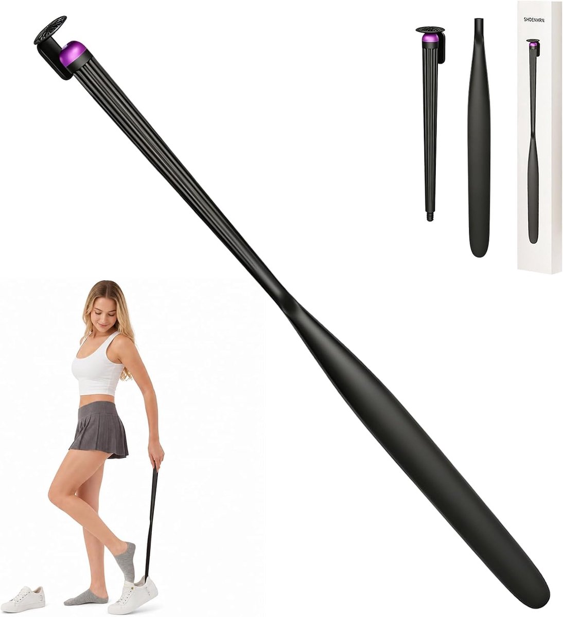 Schoenlepel lang, 74 cm nylon, afneembare schoenlepel met magneethouder, extra stabiele lange schoenlepel voor alle - ShopVlot