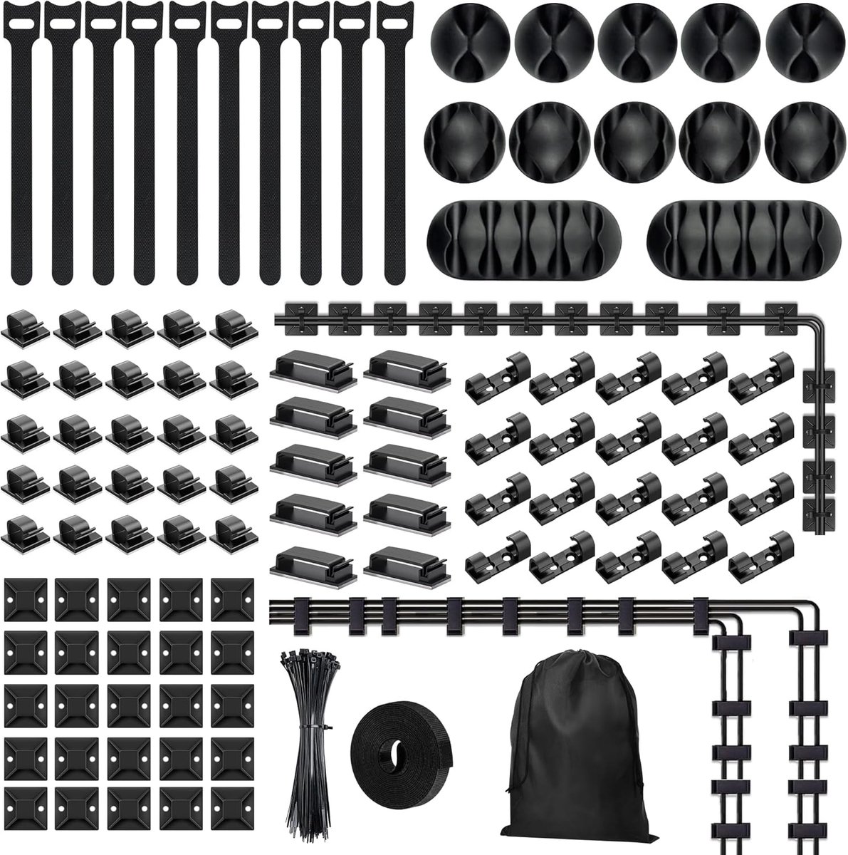 SnelShoppen - 204-delige Kabelorganiser Set - Kabelbinders, Zelfklevende Kabelhouders, Herbruikbare Ties, Organizer Tas, Geschikt voor TV, Computer, E