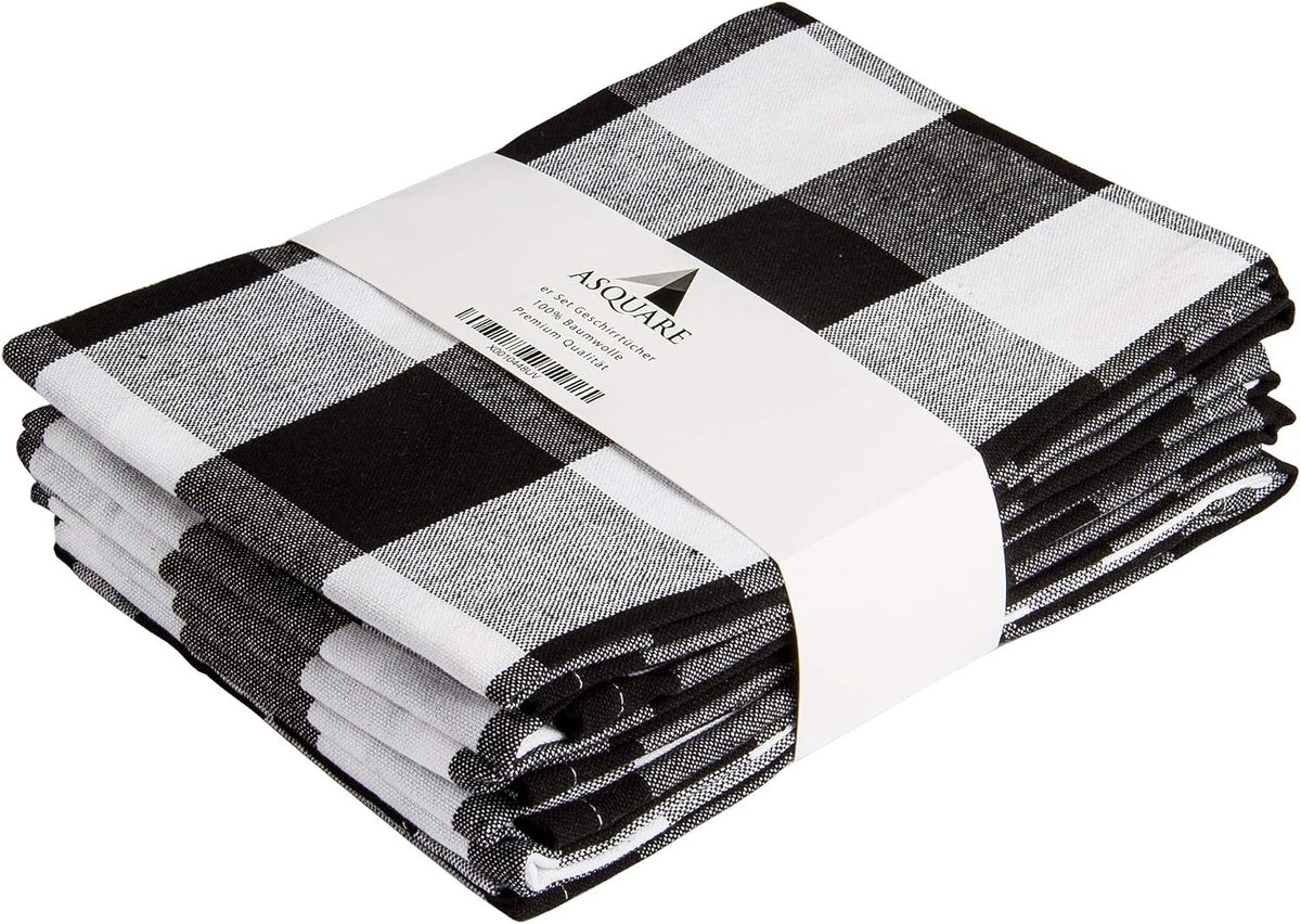 SnelShoppen - Set van 4 katoenen theedoeken 50 x 70 cm, zwart-wit geruit, ideaal voor keuken, drogen, 220 g/m² kwaliteit