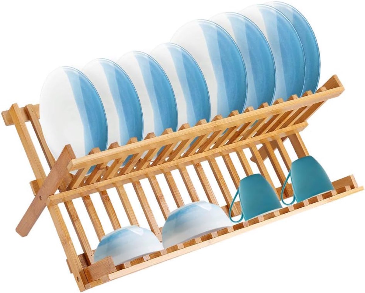 SnelShoppen - Bamboe Houten Opvouwbare Afdruiprek 2-Tier Keuken Organisator 45.5x24.5cm Dual Tier Dish Bowl Plate Draining Rack - Duurzaam en Ruimtebe