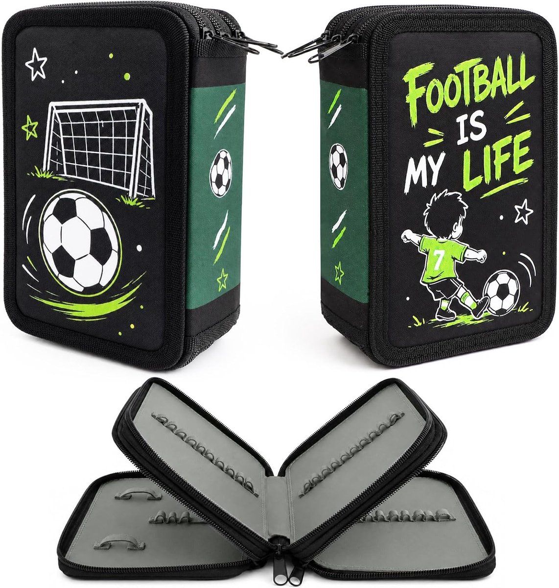 Voetbal Sport Pennenetui 3-voudig - Kleurpotloden Houder - Ruimte voor schoolmateriaal - Perfect voor jonge voetbalfans - ShopVlot