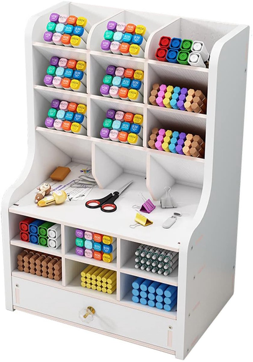 REDOM Bureau Organizer 28 x 15 x 32 cm – 18 Vakken met Lade – Pennenhouder – Bureau Opberger voor Kantoor, School en Thuis – PVC – Wit