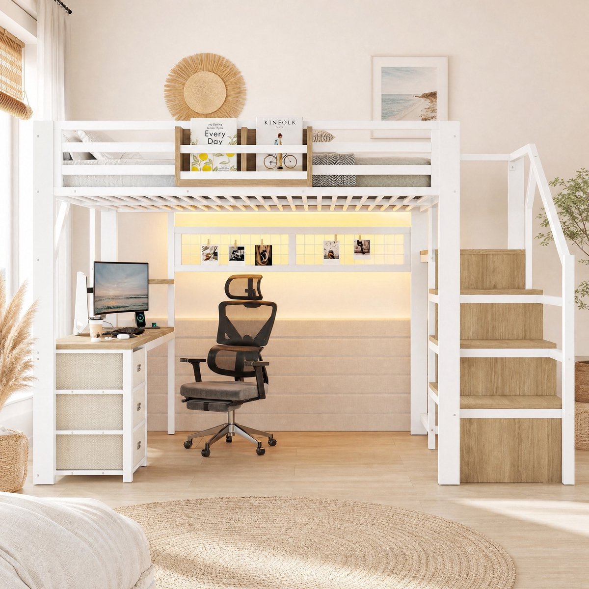 Hoogslaper 140x200 Cm Zonder Matras Met Bureau, 3 Laden, Opbergruimte, Kledingkast En Ledverlichting, Voor Kinderkamer, Metaal, Wit