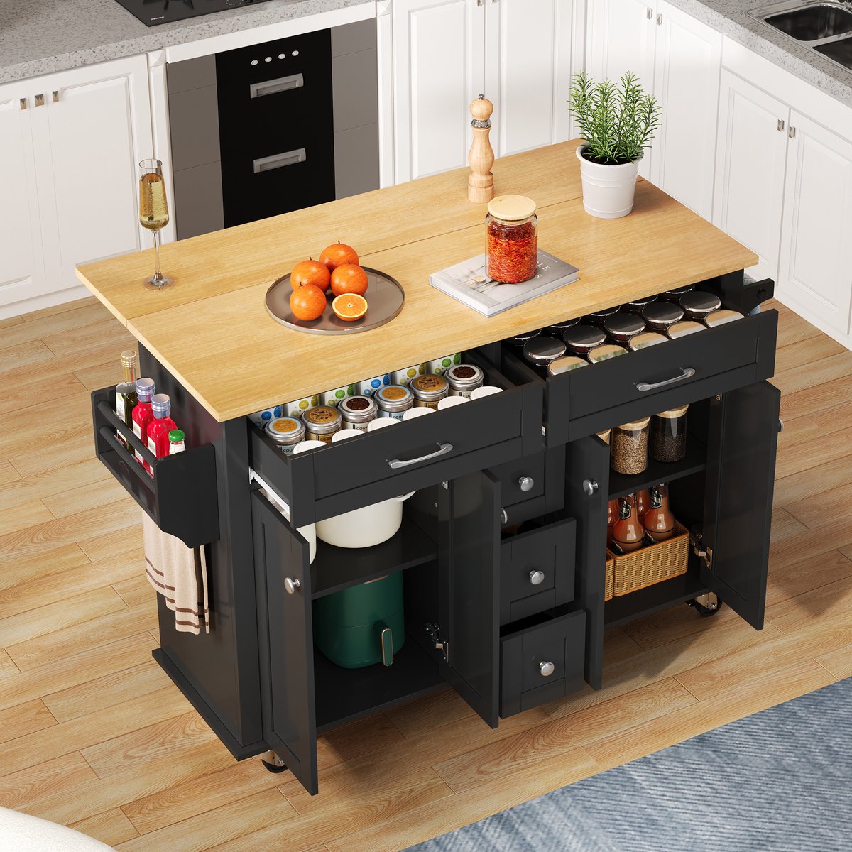 Keukentrolley - met mobiel ontwerp en inklapbaar werkblad - zwart en naturel - afmetingen 140 x 65 x 89 cm - voor een praktische keuken