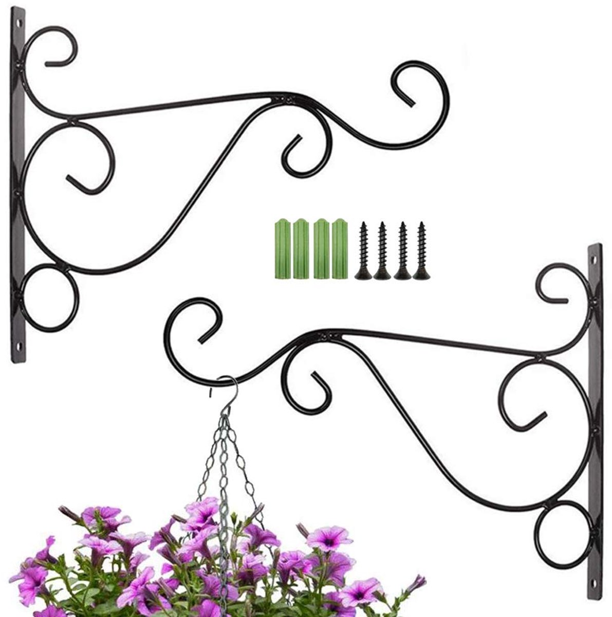 Famanu – Plantenwandhaken set van 2 stuks, wandhaken voor het ophangen van planten, 25 x 20 cm, zwart, inclusief schroeven voor eenvoudige montage in je tuin of interieur