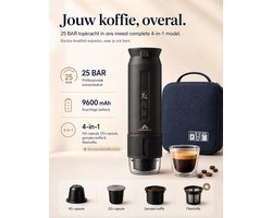 NomadBrew Ultra Draagbare Koffiemachine – 4-in-1 Zelfverwarmende Espressomachine 25 Bar – Auto, Camping & Camper – NS/DG-Capsules, Gemalen Koffie & Filterkoffie – Afneembare Afsluitbare Beker – 9600mAh – Warme Koffie Zonder Waterkoker – Zwart