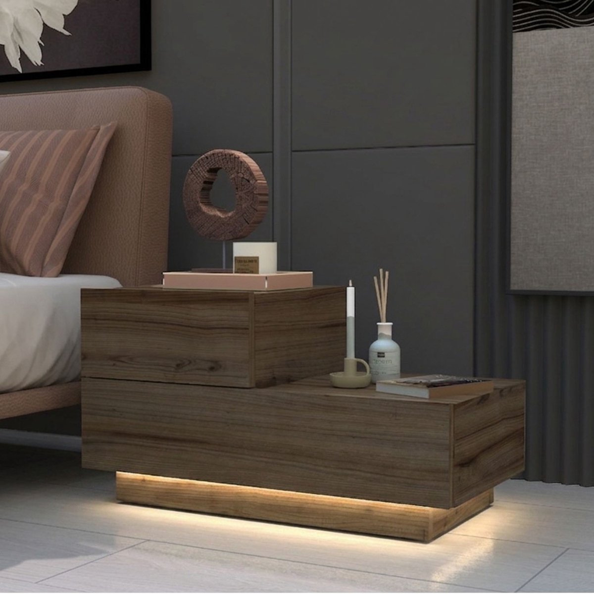 Skye Decor , Nachtkastje, Kayra - Antique Walnut, Gemelamineerde spaanplaat, Antiek walnoot, 70 x 38,3 x 35 cm Antiek walnoothout