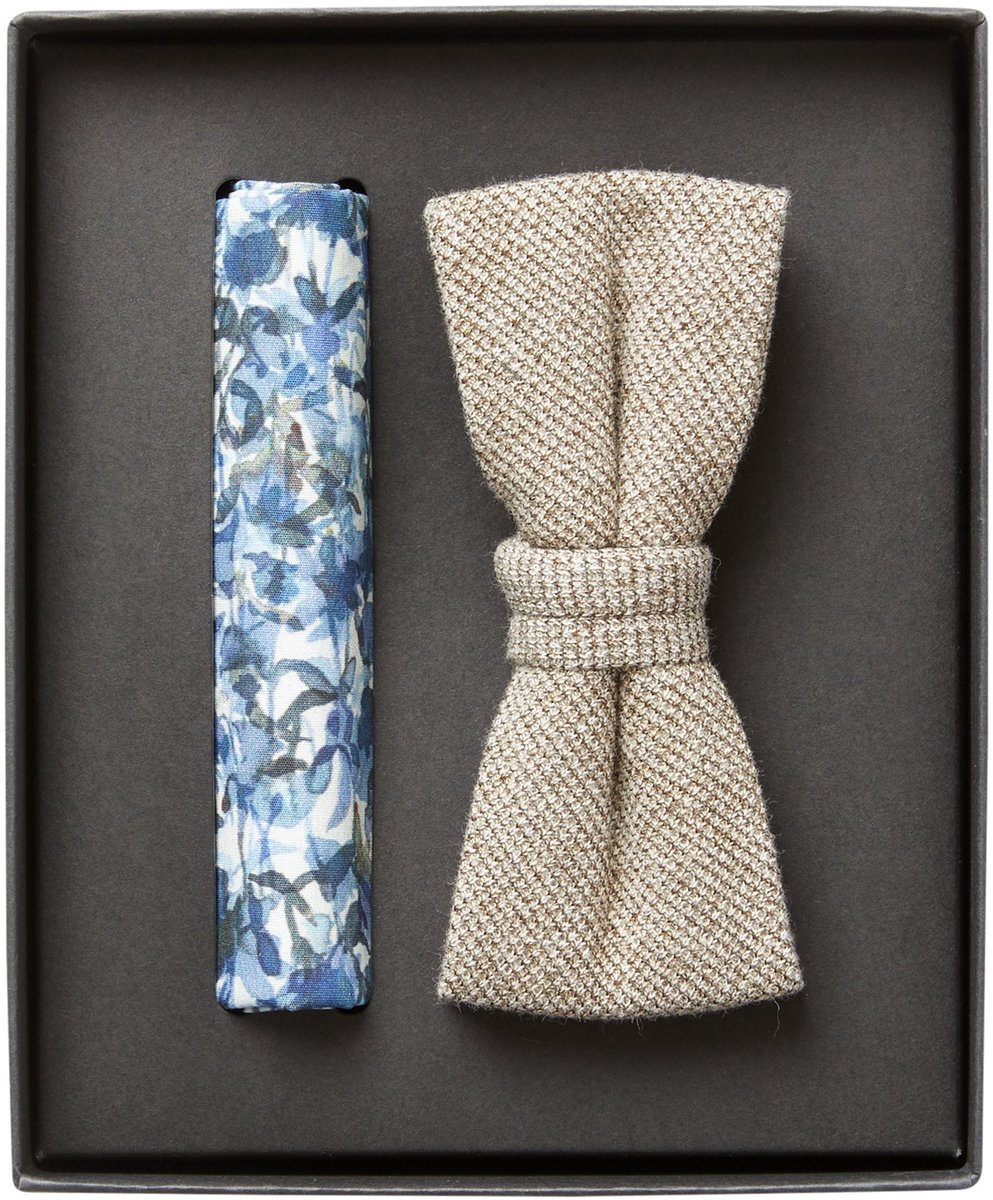 VENTI set met vlinderdas en pochet - beige - blauw - wit dessin