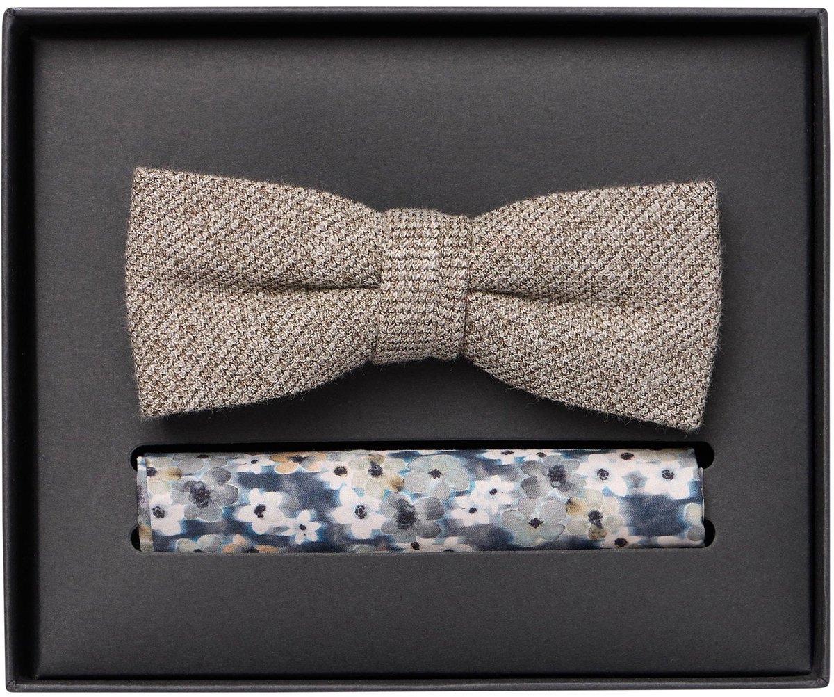 VENTI set met vlinderdas en pochet - beige - blauw - wit - grijs dessin