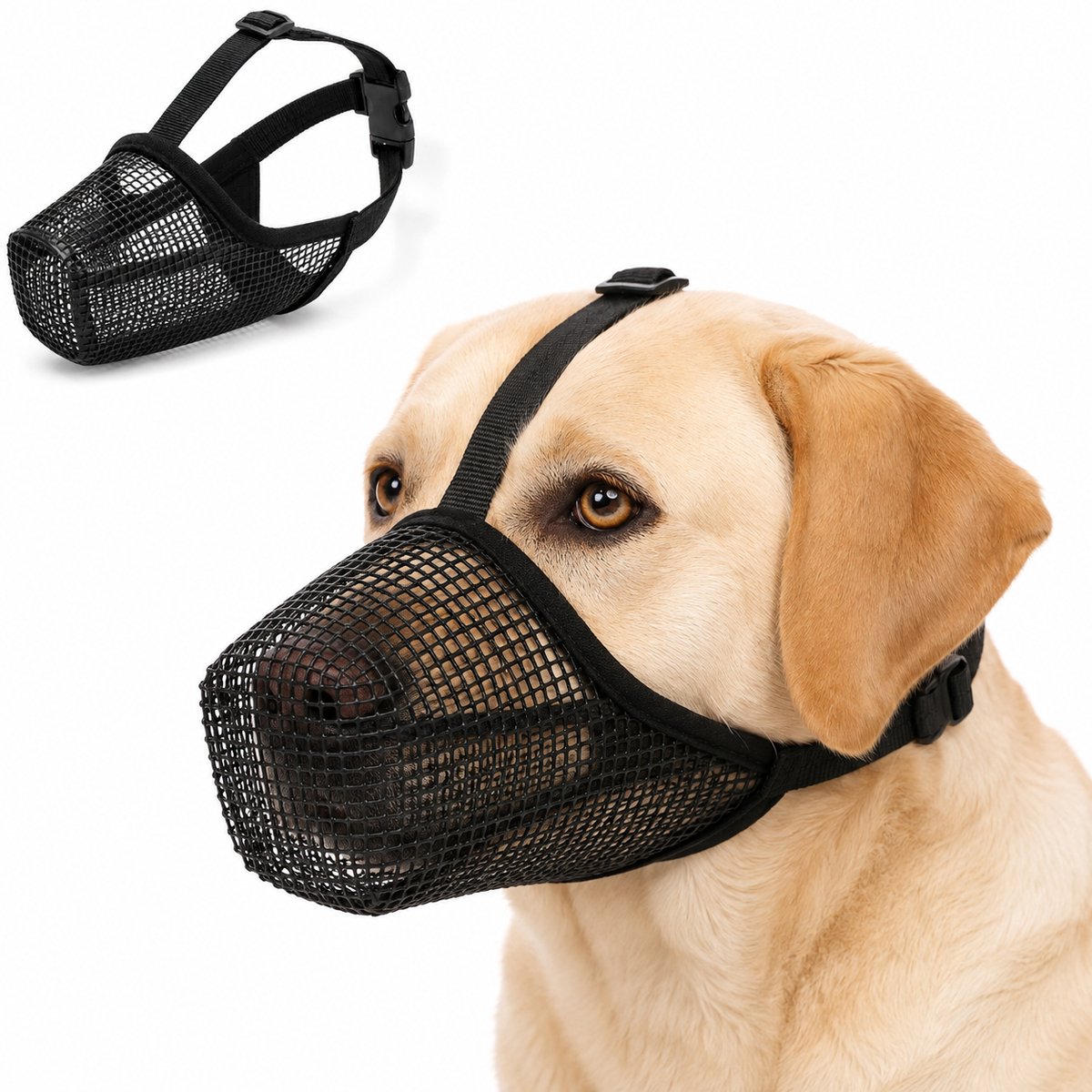 Bobypet-Muilkorf Honden - Helpt bij het beperken van bijten en ongewenst oppakken - Maat M, snuitomtrek 24-27 cm - Ademend en verstelbaar - Gaasmuilkorf voor wandelen, training, trimmen en dierenarts - PVC-gaas - Zwart - 1 stuk