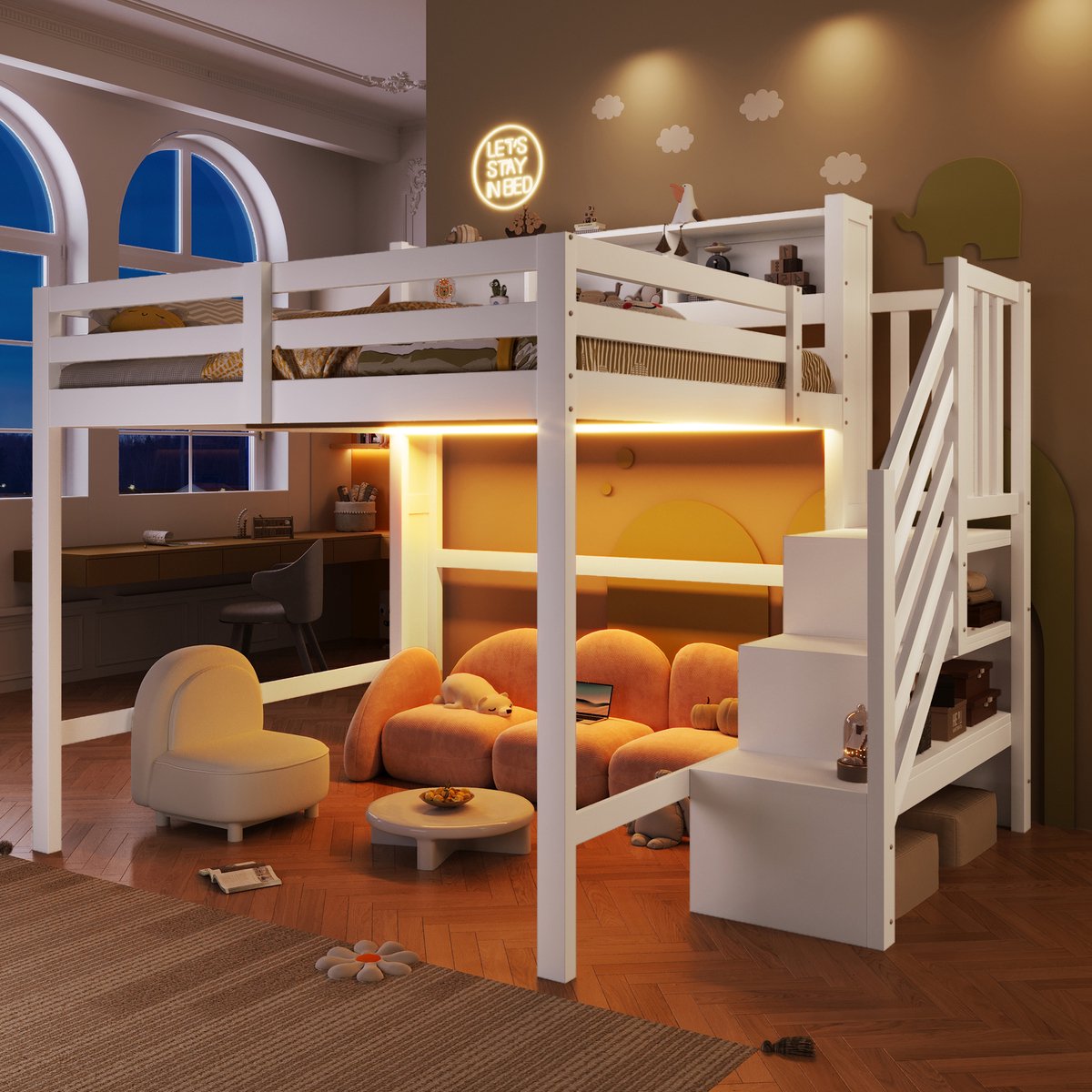 Hoogslaper 140x200 cm - Met LED-Verlichting - Met Opbergruimte - Met Ladder - Wit