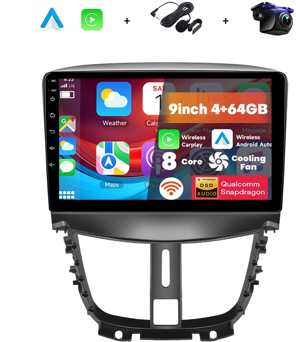 Boscer 2 Din Android 15 Autoradio - Geschikt voor Peugeot 207 (2009-2013) - Draadloos Apple Carplay & Android Auto - 8-Core 4+64GB - Interne Koeling - 9 Inch HD IPS Touchscreen - GPS Navigatie - WIFI, Bluetooth & USB - Achteruitrijcamera & Microfoon