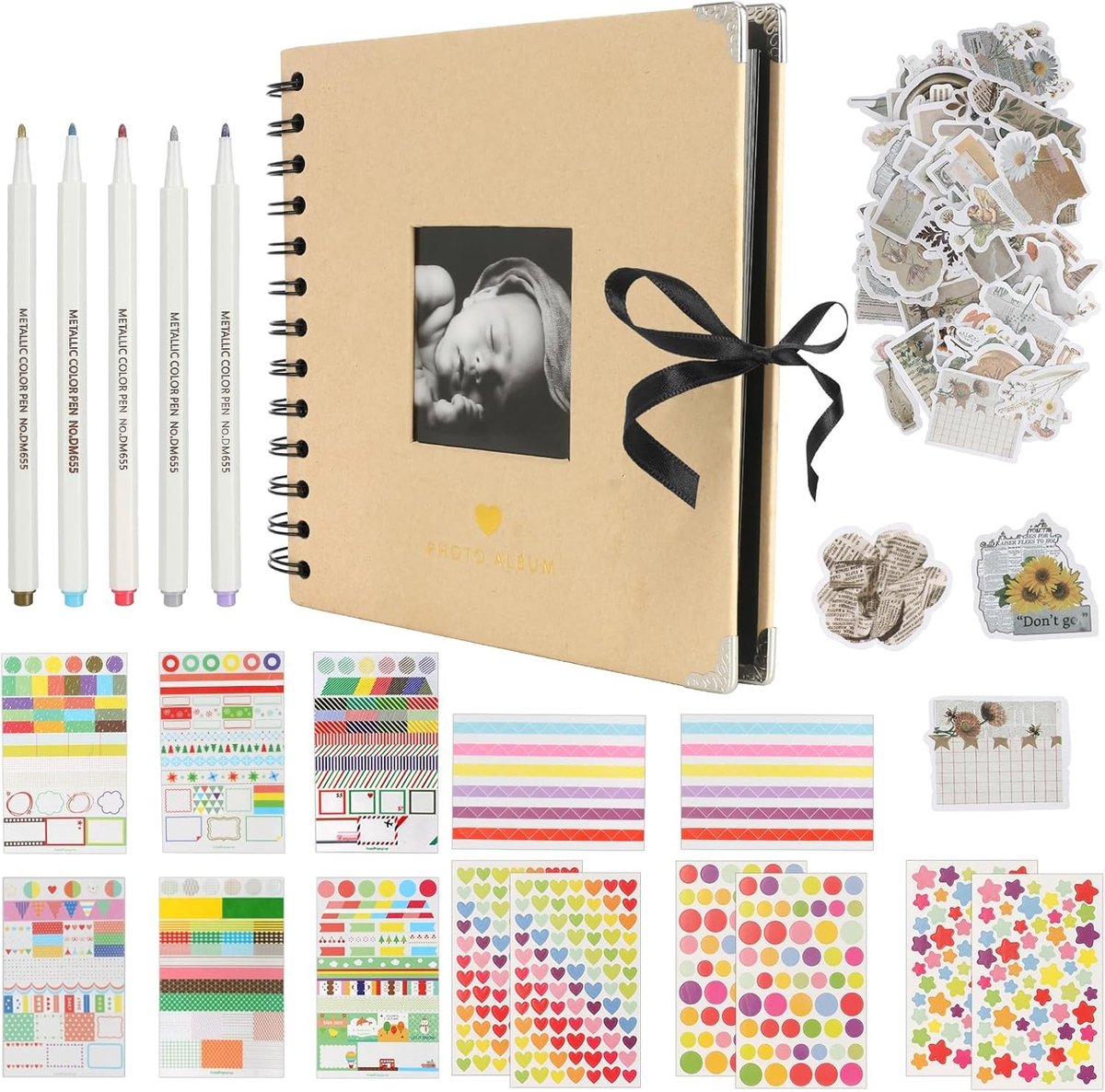 DIY Scrapbook Set voor Foto's - 6-Inch Fotoalbum met 60 Zwarte Pagina's, Metallic Markers en Stickers, Perfect voor Creatieve Herinneringen en Persoonlijke Projecten