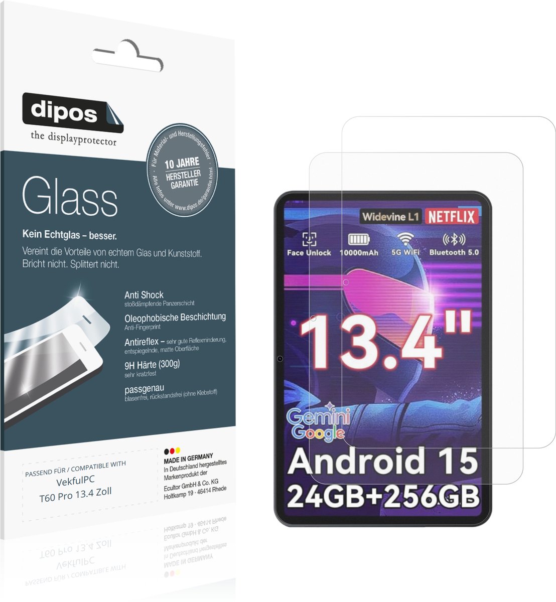 dipos – 2x Matte Pantserfolie geschikt voor VekfulPC T60 Pro 13.4 Zoll | 9H Screenprotector