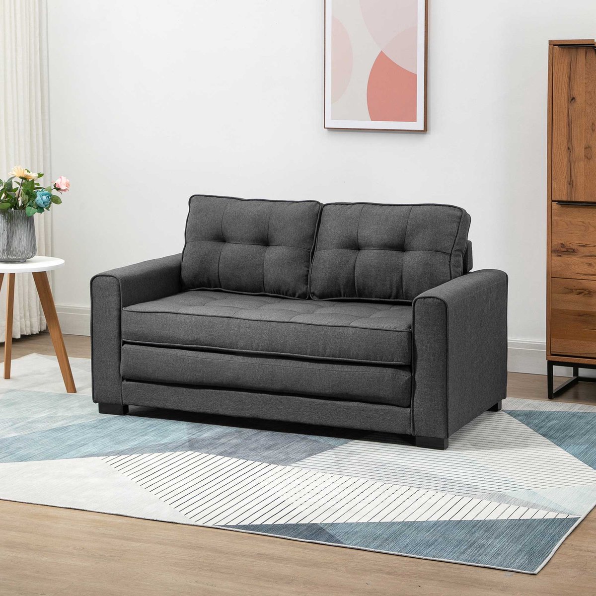 MODFU - Slaapbank - 2-Zits - Grijs - Linnen Look - Hout - 147,5X75X85 Cm