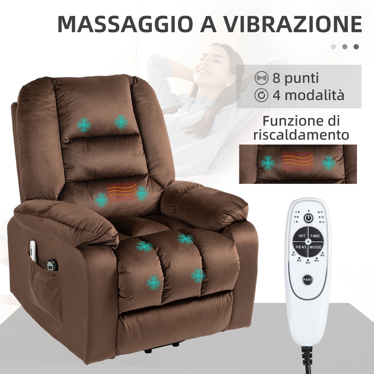 Fauteuil Relax Lift Recliner Massage Verwarmd Fluweel Bruin – foto 7