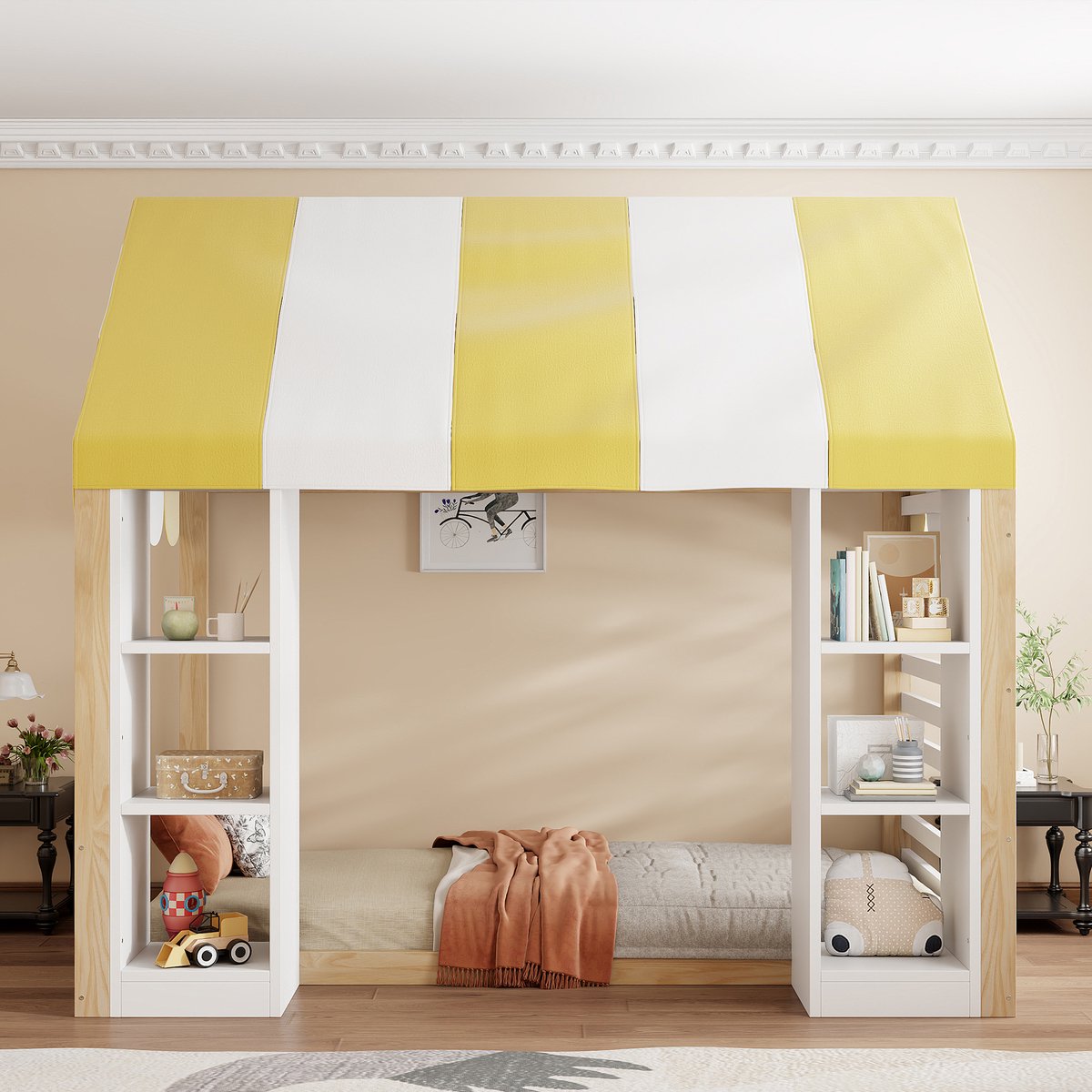 Hoogslaper 90x200 cm Zonder Matras - Kinderbed Met Bedtent En Opbergruimte - Speels Landhuisdesign - Hout - Wit En Naturhout