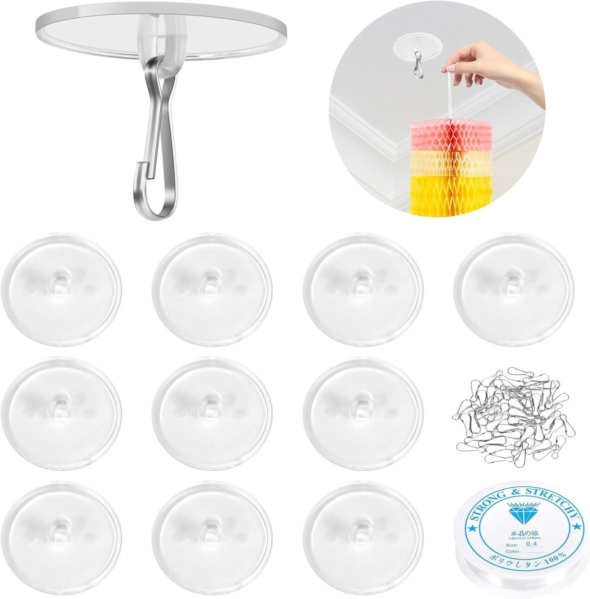 Plafondhaken Set - Transparant - 3,2 cm - Zelfklevende Haken met Vislijn - Voor Decoraties en Feesten