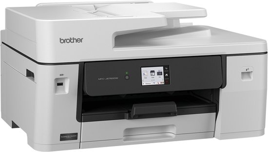 Witte Brother MFC-J6760DW inkjetprinter met zwart bedieningspaneel en touchscreen. ADF bovenop.