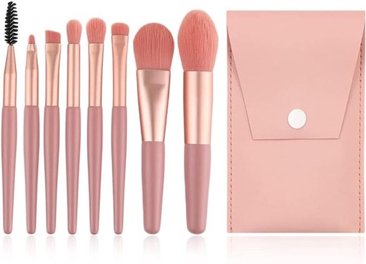 Complete Make-up Borstelset met Opbergtas - Inclusief Foundation, Oogschaduw en 8 Professionele Borstels in Roze voor Perfecte Make-up Looks