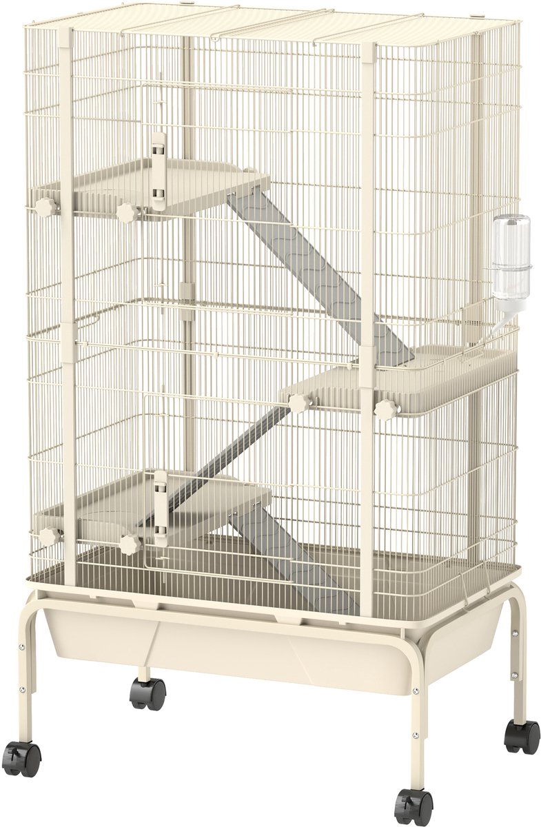 Kleine huisdierenkooi met 4 verdiepingen en wieltjes — konijnenkooi met 3 hellingen — drinkfles — voerbak — bak van 15 cm diep — beige