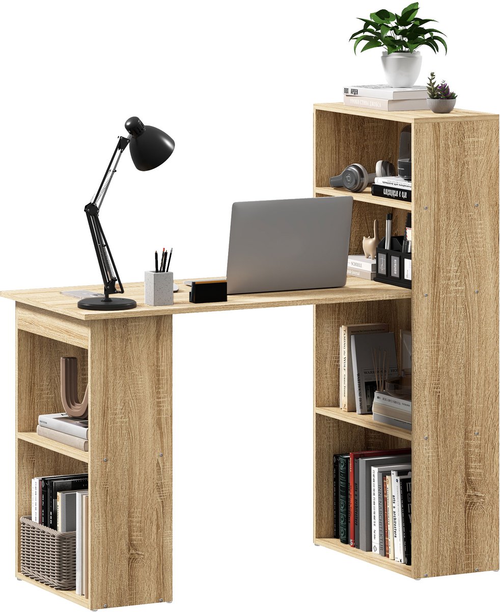 Computertafel met opbergrek – hoektafel – 120 x 55 (breedte) x 120 cm – inclusief boekenkast – meerdere vakken – eikenhout