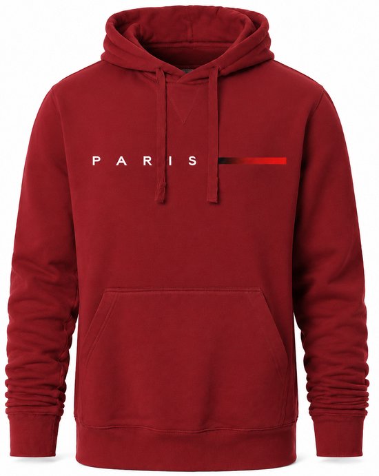 Bordeauxrode hoodie met witte opdruk "PARIS" en een rode, zwart-verlopende streep ernaast. Kangoeroezak.