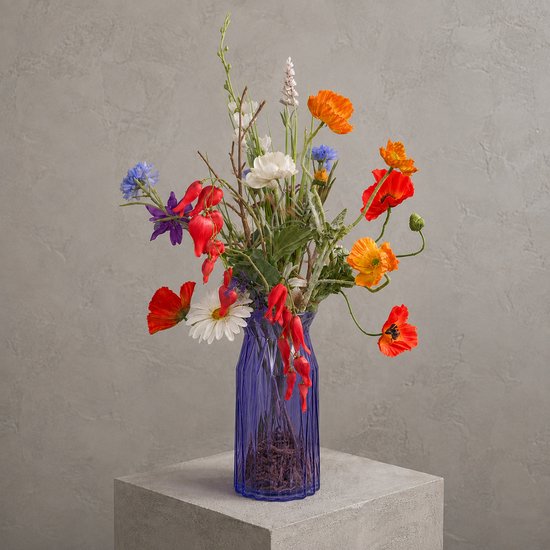 Kunstboeket met Vaas – Kleurrijk Veldboeket Kunstbloemen – Blauw Glazen Vaas – 60 cm – Seta Fiori