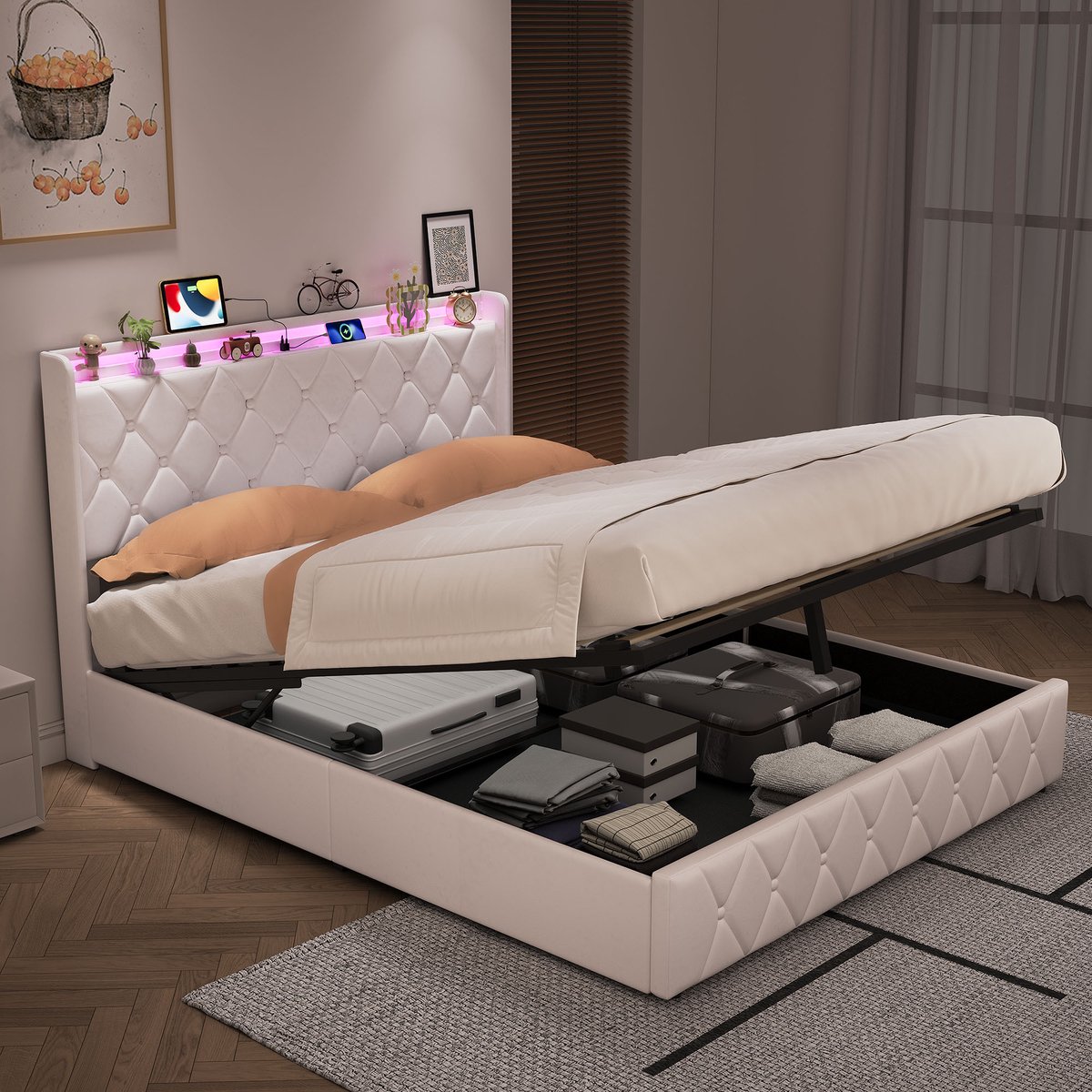 Opbergbed 160x200 cm met lattenbodem, led- en usb-aansluiting, Tweepersoonsbed 160x200 met opbergruimte, Gestoffeerd bedframe met hoofdbord, fluweel Beige