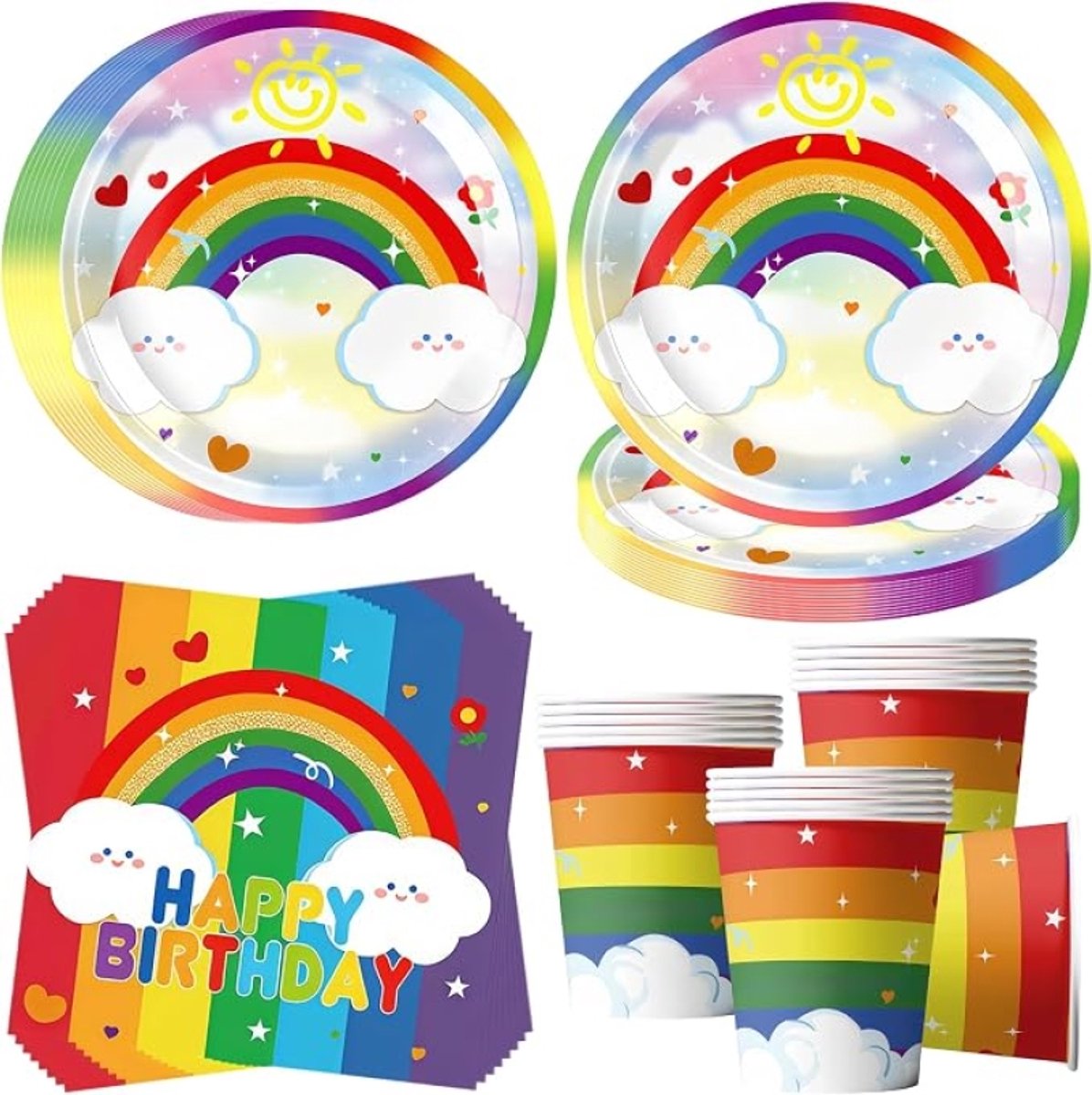 Regenboog Happy Birthday partyservies 52-delig voor 16 gasten - papieren borden, bekers en servetten