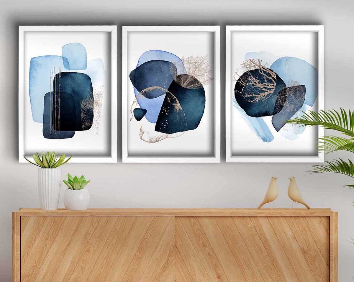 Asir - Schilderij - Marineblauw, Blauw Nerts, Wit - 38 x 53 cm
