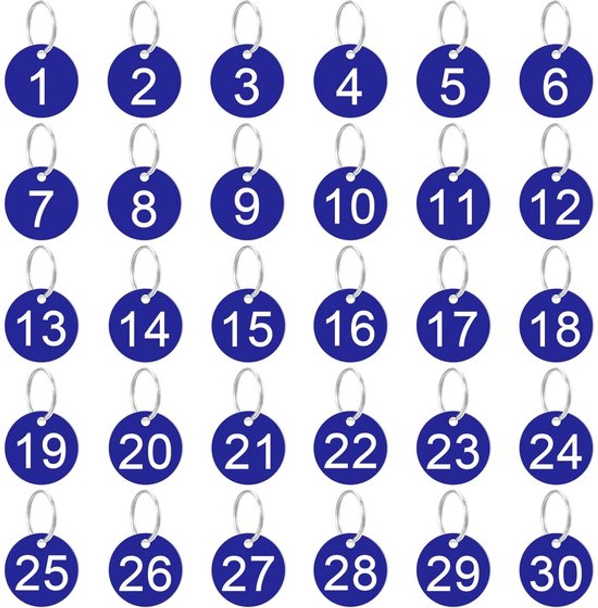 Nummerlabels 1-30 - Ronde Sleutelhangers - Metalen Ringen - Kunststof - Identificatie voor Sleutels - Donkerblauw