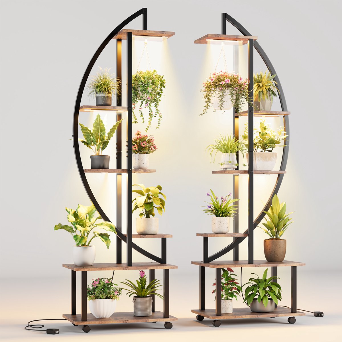 Plantenstandaard 6 Lagen met LED-verlichting - 2 Stuks - 56x30x187cm - Hoge Plantenrek met Wieltjes - Metalen Hoekplank - Stevige Ronde Houder - Voor Woonkamer Balkon - Zwart