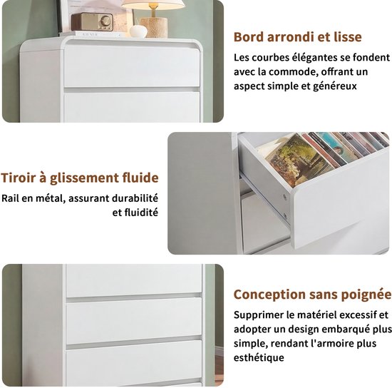 Witte commode met greeploze lades en afgeronde hoeken.