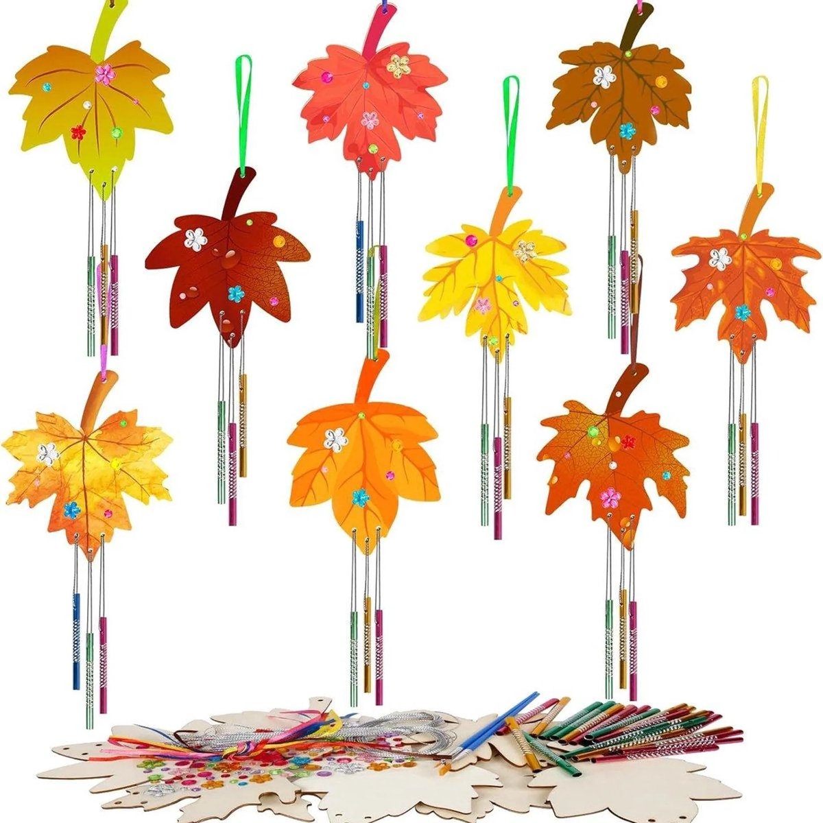 Casalora 9-delige Esdoornblad Windgong Knutselset – DIY Houten Windgong om te Kleuren – Kinder Creatieve Knutselactiviteit – Houten Decoratiehanger – Raamdecoratie,Tuindecoratie
