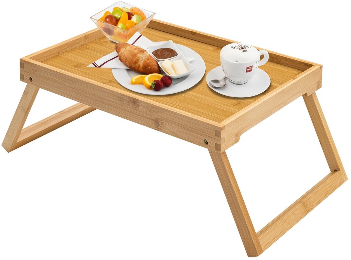 Solidchoice - Bamboe Bedlade Tafel met Opvouwbare Poten en Handvatten