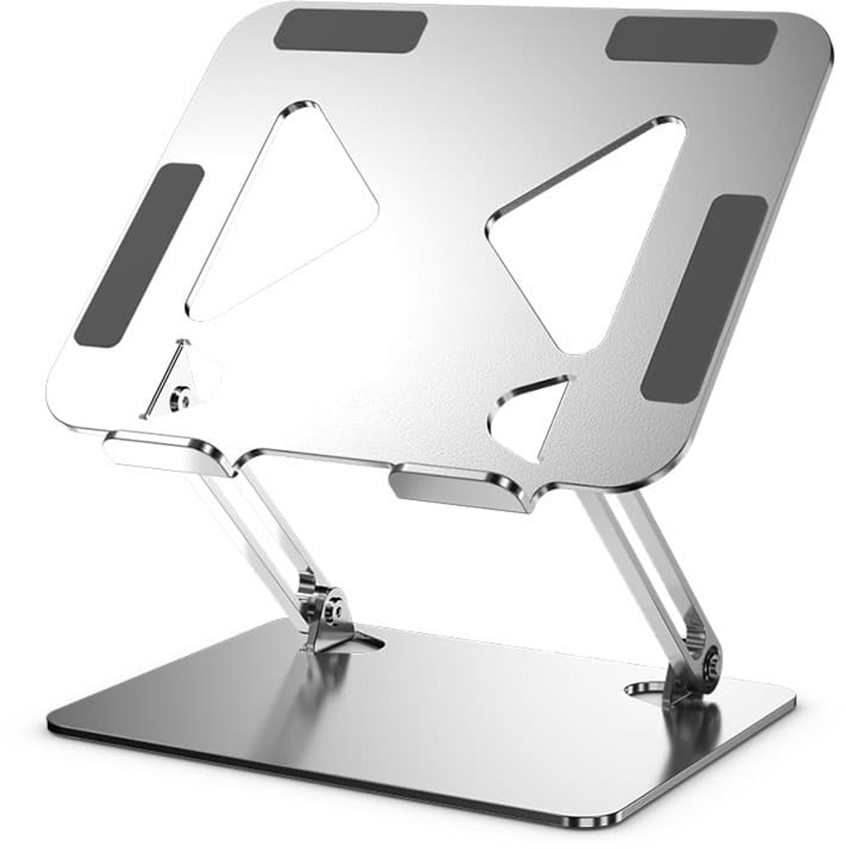 Opvouwbare laptopstandaard - In hoogte verstelbare ergonomische bureaustandaard, opvouwbare metalen constructie, laptopblad, ventilatie en warmteafvoer.